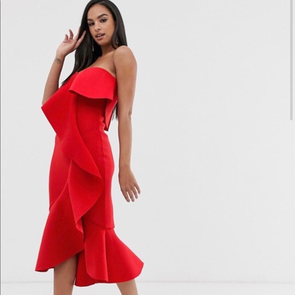 exaggerated frill bandeau scuba midi dress - Picture 3 of 5